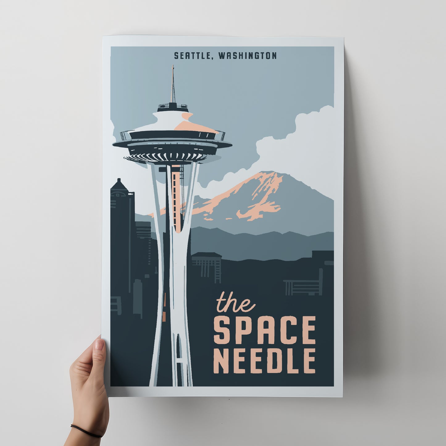 The Space Needle, Seattle with Mountain View Travel Poster