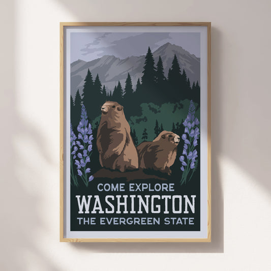 PO Washington State Olympic Marmot Travel Poster - Wholesale